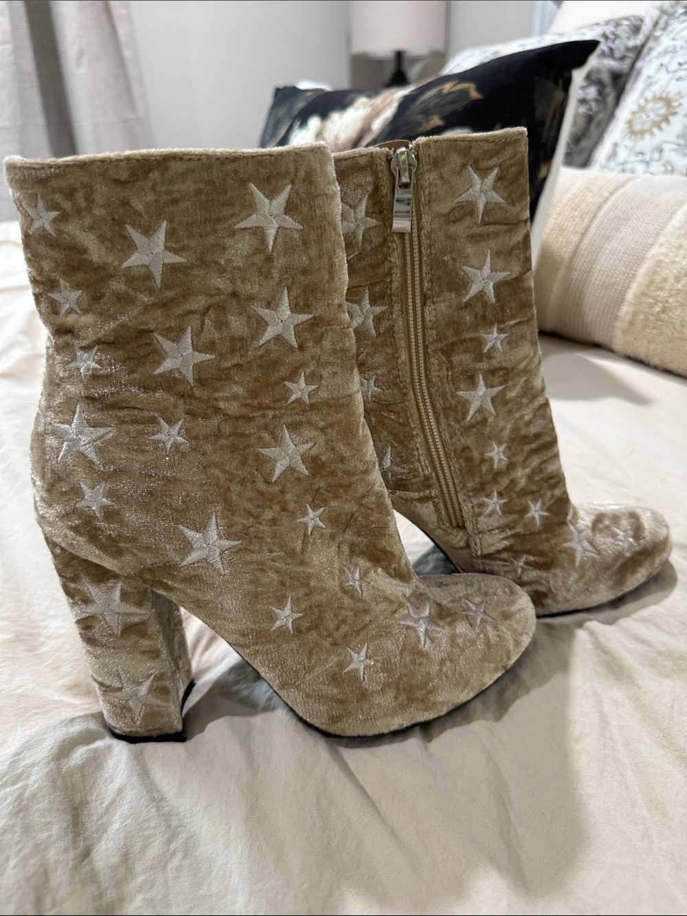 Wild Diva Velvet Star Embroidered Ankle Boots - Beige